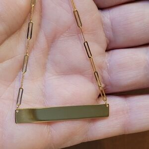 14k Real Gold Large Paperclip & Engravable Bar Necklace, 18"L.